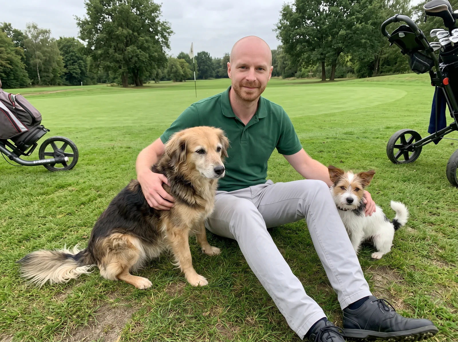 Philipp sitzt im grünen Poloshirt am Grün im Gras, links neben ihm Franzi, rechts Hermann, im Hintergrund Fahne und Golftrolley