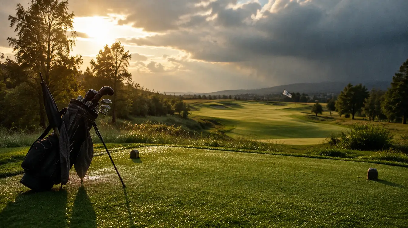 Golfbag mit Schirm auf einem nassen Abschlag, die Sonne bricht durch, eine Regenfront zieht ab