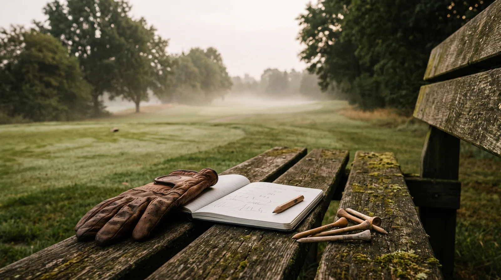 Golfhandschuh, Notizbuch, Bleistift und Tees auf einer Holzbank, dahinter ein Fairway im Morgennebel