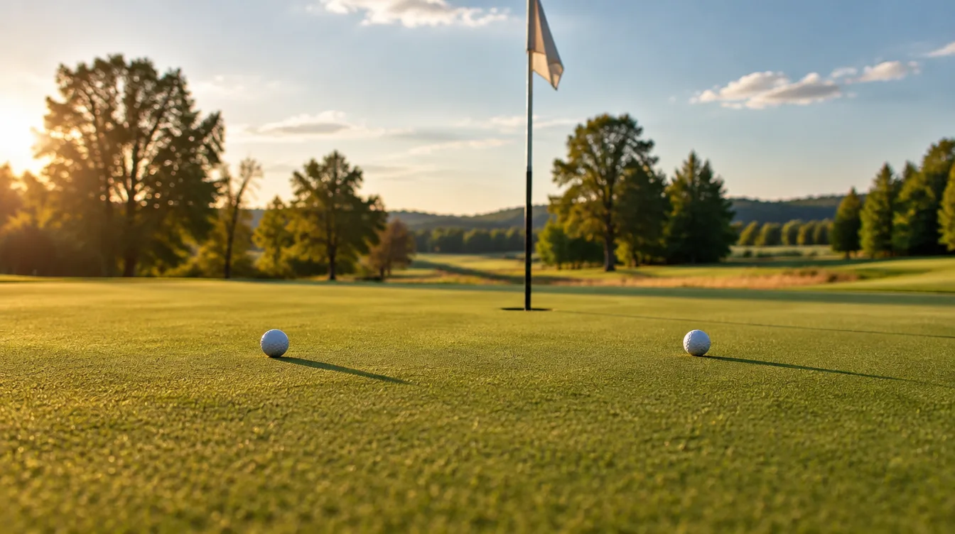 Zwei Golfbälle auf einem sonnigen Grün, beide etwa gleich weit vom Loch, in der Mitte die Fahne