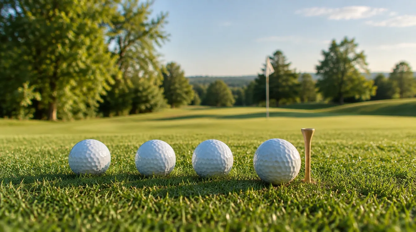 Vier Golfbälle nebeneinander auf einem sonnigen Fairway, neben dem rechten steckt ein Tee