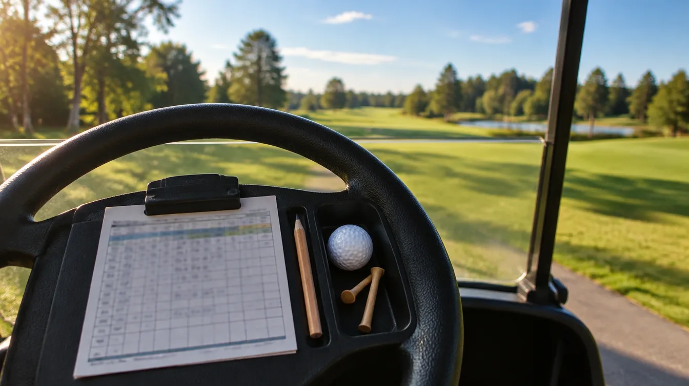 Scorekarte, Bleistift, Golfball und Tees in der Ablage am Lenkrad eines Golfcarts