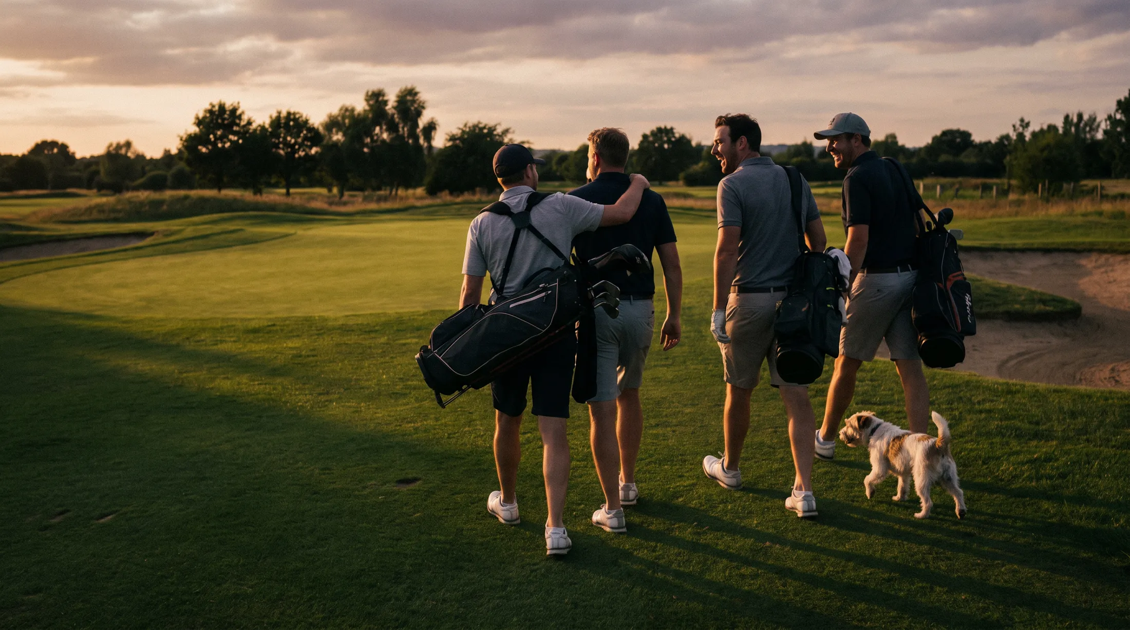 Vier Golfer und ein kleiner Hund verlassen im Abendlicht gemeinsam das Grün