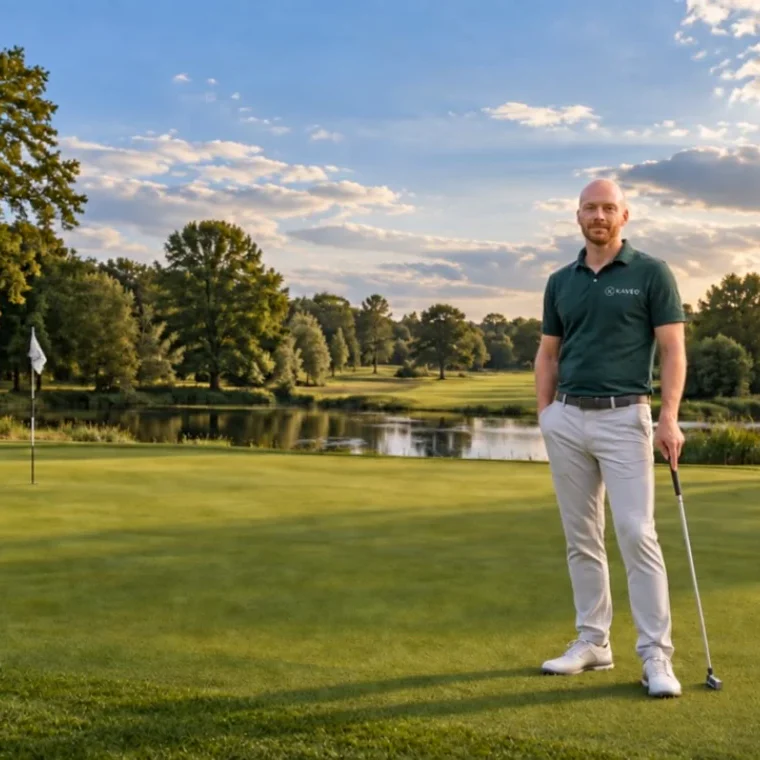 Philipp im grünen KAVEO-Poloshirt auf einem Golfplatz (KI-Visualisierung)
