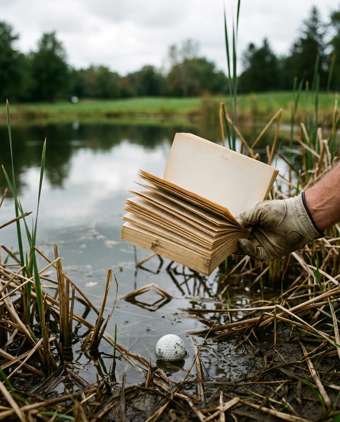 Eine Hand im Golfhandschuh hält ein abgegriffenes Regelbuch, ein Golfball liegt am Rand eines Teichs