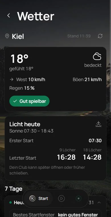 KAVEO GOLF App: Golfwetter mit Gut spielbar und letztem Start für 9 und 18 Löcher